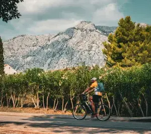 A cyclist riding along a scenic road lined with greenery, with rocky mountains and a clear sky in the background.