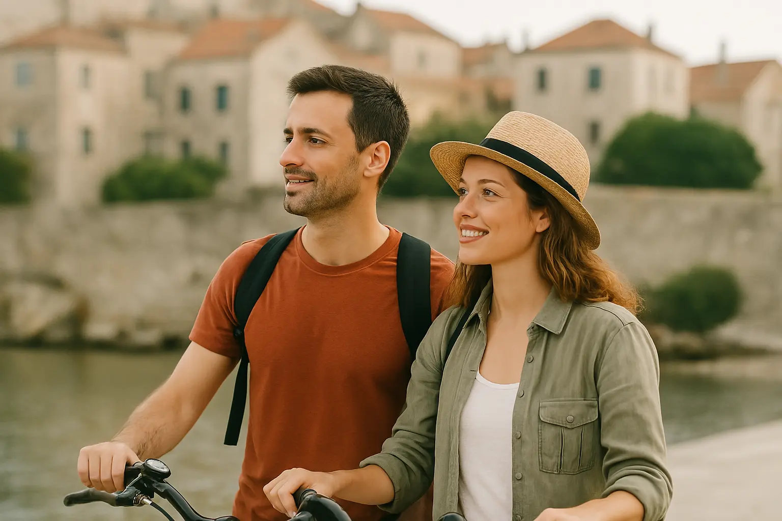 A smiling man with short dark hair and a backpack walks beside a smiling woman wearing a straw hat and a light jacket. They are holding onto the handlebars of bicycles, walking along a paved area next to water, with old stone buildings visible across the water.